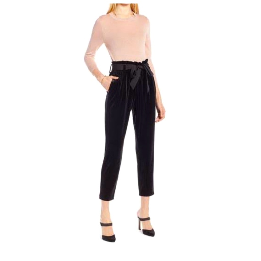 HALOGEN Nordstrom Black Soft Velvet Petite Wide Leg Paper Bag Pants Size XS